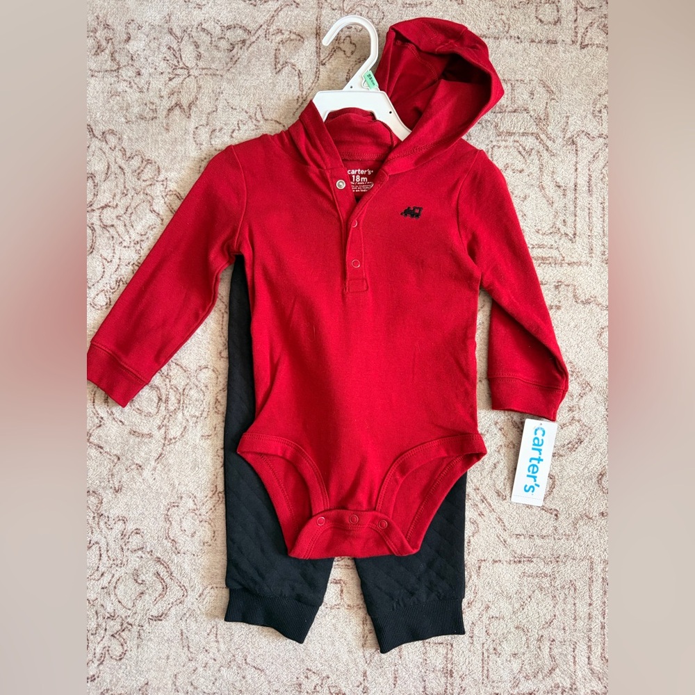 Carter's Vibrant Red Hooded Bodysuit with Classic Black Pants